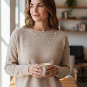 Liz Claiborne Beige Sweater with Pearl Details